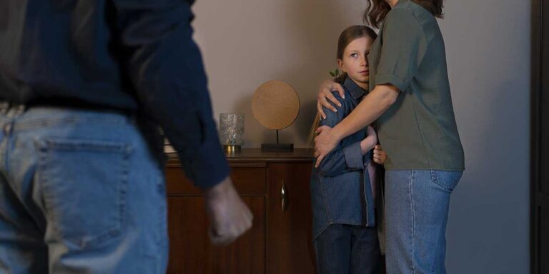 A mother protectively embraces her worried young daughter while facing a threatening man standing in the foreground indoors.